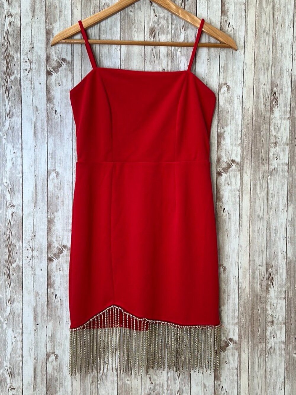 NWOT Trixxi Red Fringe Rhinestone Mini Dress sz Small Spaghetti Adjustable Strap